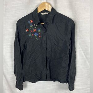 Vintage Inspired Long sleeve Blouse Floral Embroidered Boho Cottage Grandma Sz S